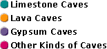 Map Legend: Green dots indicate Limestone Caves, Yellow dots indicate Lava Caves, Purple dots indicates Gypsum Caves, and Red dots indicates All Other Kinds