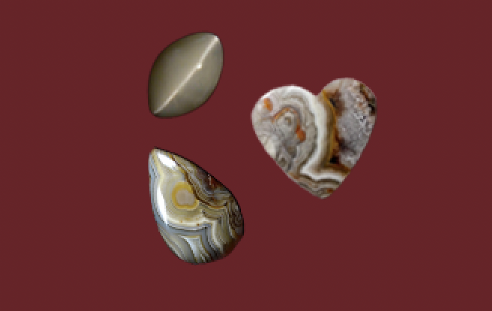 Image of intermediate lapidary projects, Cat-eye ellipse and heart  shaped cabochons
